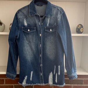 Women's Blue Distressed Button Down Shirt
